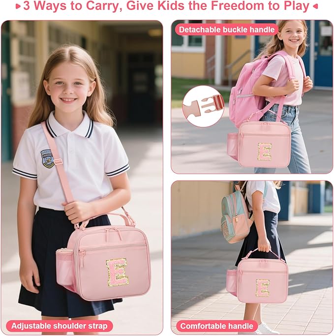 Kids Initial Lunch Bag, Reusable Insulated Lunch Box for Girls Toddlers, Back to School Gift, Leak-proof Cooler Bag for School Daycare Travel Picnic, Pink-E