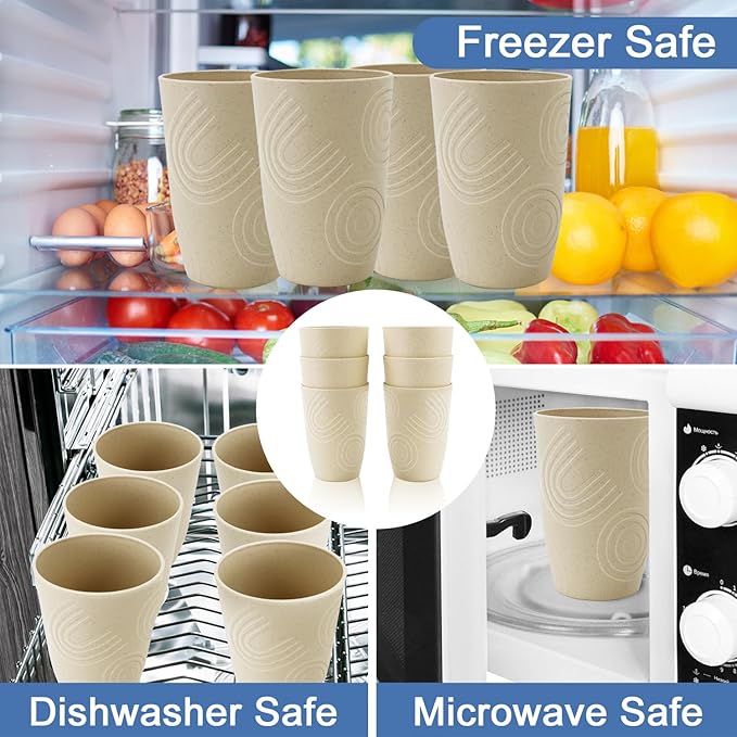 Wheat Straw Cups 6 PCS - 16 OZ Cup Set, Unbreakable Drinking Glasses, Kids Cup Set for Kitchen, Alternative to Plastic Cups Reusable Dishwasher Safe Water Tumbler (Beige)