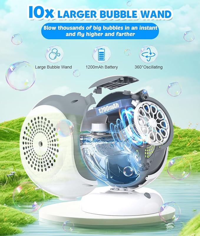 Rechargeable Bubble Machine, Automatic 360° Rotation, 75° Adjustment Bubbles Blower with 10 Large Holes Wands for Kids, Toddlers Outdoor Play, Wedding, Birthday Party, Gifts Toys for Boys, Girls