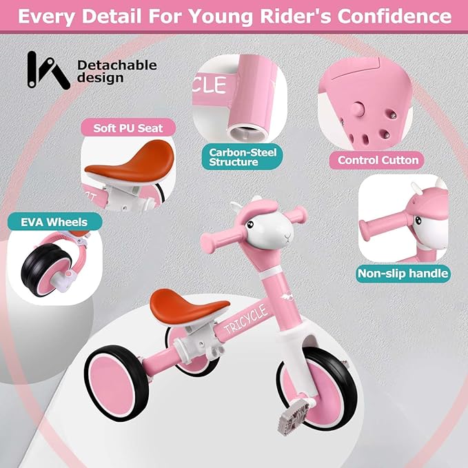 Tricycle for Toddlers 1-5 Year Olds, Toddler Balance Bike for Boys Girls 2-4, Toddler Tricycle with Light & Music Front, Kids Bicycle with Removable Pedal, Birthday Gifts for 1 2 3 4 5 Year (Pink)