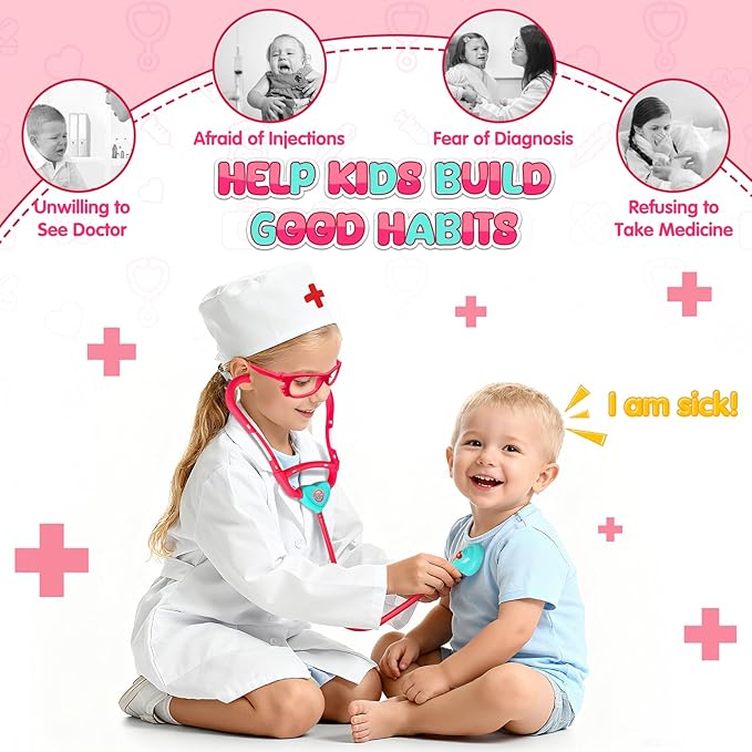 Upgraded Doctor Pretend Playset for Toddlers, Pretend Play Medical Toy Doctor Cart, Doctor Toy for Toddlers 3-5, Christmas Birthday Costume Role Play Dress Up Gift Ideas for Boys Girls(Pink)