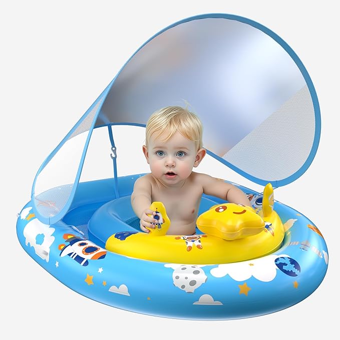 Baby Pool Float with Canopy UPF50+ Sun Protection, Inflatable Kids Pool Floats Infant Swimming Float with Toy Play Console Adjustable Safety Seat for Kids Girls Boys Aged 6-36 Months