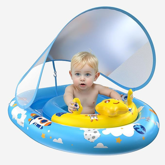 Baby Pool Float with Canopy UPF50+ Sun Protection, Inflatable Kids Pool Floats Infant Swimming Float with Toy Play Console Adjustable Safety Seat for Kids Girls Boys Aged 6-36 Months