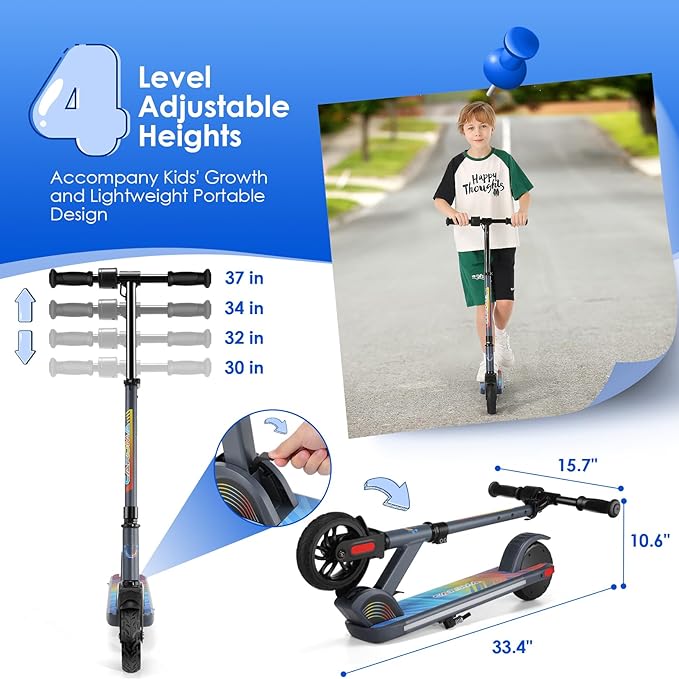 Caroma Electric Scooter for Kids Ages 6-14, 180W/150W Motor & 10 Mph, 85 Mins Ride Time, Adjustable Height & Speed, LED Display & Colorful Lights, Kids Electric Scooter, Best Gifts for Girls and Boy