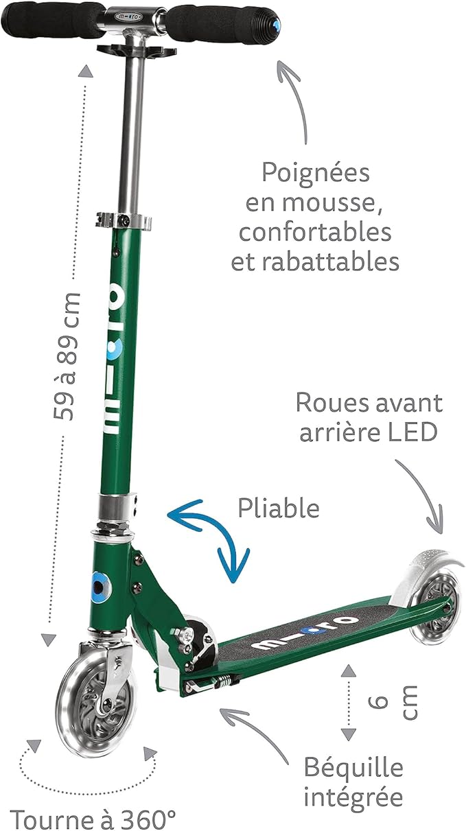 Micro Kickboard | Sprite LED | 2 Wheeled | Fold-to-Carry | Lightweight Swiss-Designed Micro Scooter | Light-Up Wheels| Children and Teens, Ages 6+