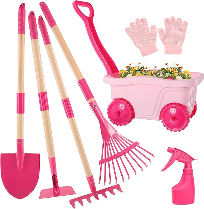 Duckura Kids Gardening Tools Set - 7pcs Wheelbarrow Set for Kids with Shovel, Rake, Leaf Rake, Summer Outdoor Yard Digging Weed Toys, Halloween Birthday Gifts for Boys Girls Age 2 3+ Years Old(Pink)