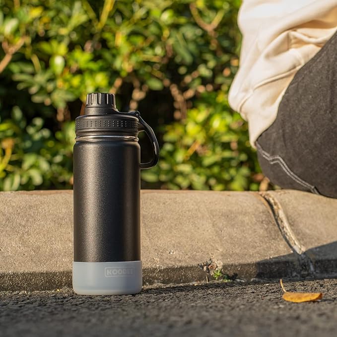 koodee 16 oz Water Bottle Stainless Steel Double Wall Vacuum Insulated Water Bottle for School Wide Mouth Sports Bottle with Leakproof Spout Lid (Black)