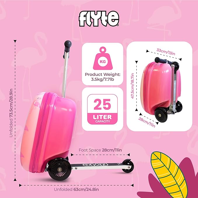 Flyte Fifi the Flamingo Scooter Suitcase - 2-in-1, 18 inch Ride on Suitcase for Kids, 25 Litre Capacity Kids' Luggage on Wheels for Boys and Girls Aged 4+, Rideable Carry on Children's Suitcases