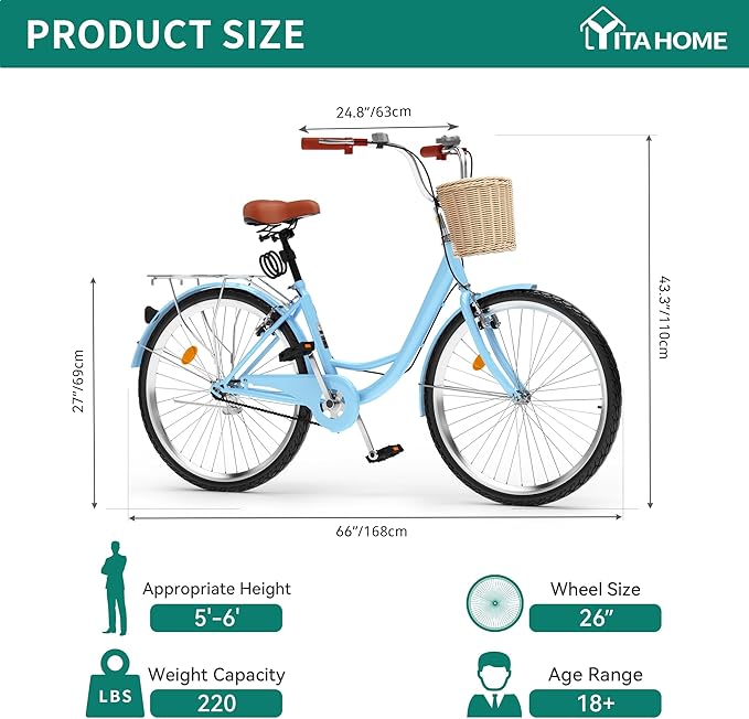 YITAHOME Beach Cruiser Bike for Women, 24 & 26 inch Commute Bike for Adults, 1 & 7 Speed Womens Bicycle with Basket Adjustable Seat, Multiple Color