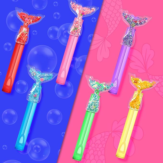 AFZMON 24Pcs Glitter Mermaid Bubble Wands for Kids, Mermaid Tail Party Favors Mini Bubbles Birthday Gift Toy Goodie Bag Stuffers Classroom Prizes Wedding Party Supplies