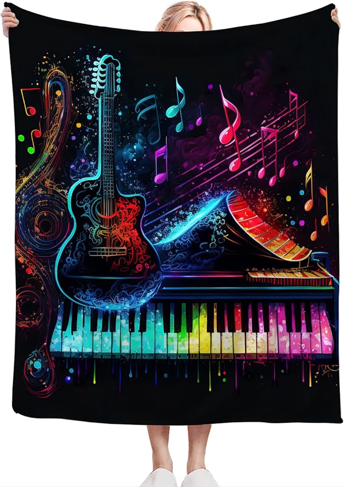Colorful Guitar Blanket Ultra Soft Cozy Music Note Piano Throw Blanket Fleece Fuzzy Plush Bedding Rock Musical Instrument Gifts for Women Girls Kids Adults 50"x40"