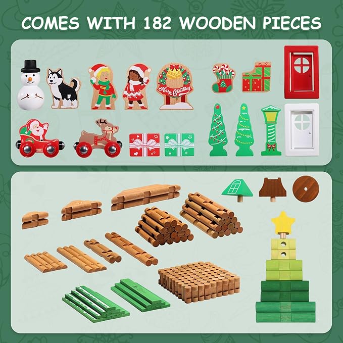 SainSmart Jr. 182Pcs Christmas Wooden Logs Set Building House Toy for Toddlers, Classical STEM Construction Kit Compatible with Lincoln Logs for 3+ Kids