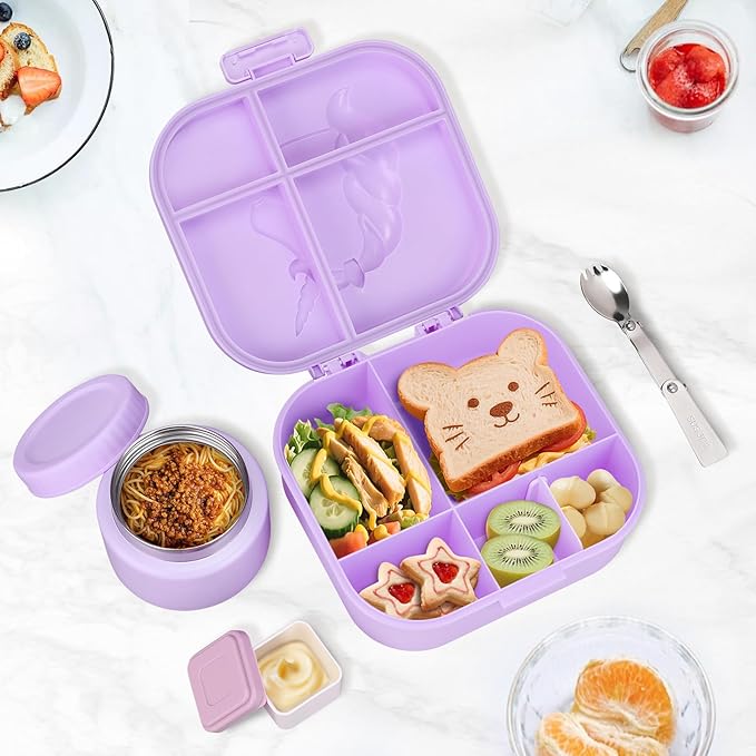 Kids Lunch Box Set -12oz Insulated Food Jar, Thermal Bag,Leakproof Lunch Food Containers Cutlery (BPA Free)-Gift for Girls/Boys Age 3-10(Purple+Purple Jar)