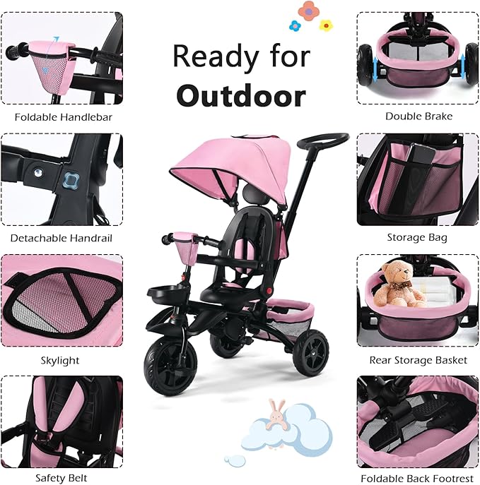 Kinder King Kids Tricycle, 7 in 1 Folding Toddler Trike w/Adjustable Push Handle, Rotatable Seat, Adjustable Canopy, Safety Harness, Storage, Toddler Stroller Bike for Age 6 Months+,Pink
