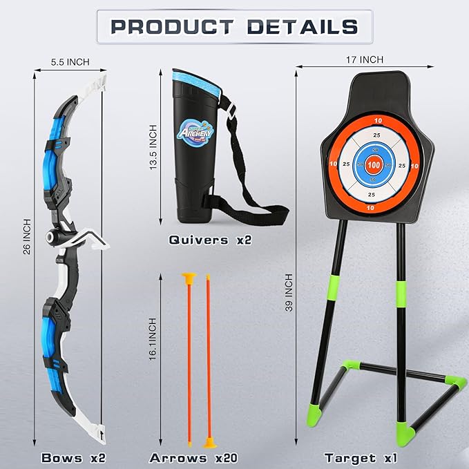 Bow and Arrow Set for Kids LED Light Up Archery Set with 10 Suction Cup Arrows Indoor Outdoor Toys with Standing Target & Quiver, Xmas Birthday Gift for Boys Girls Age 4-8 8-12