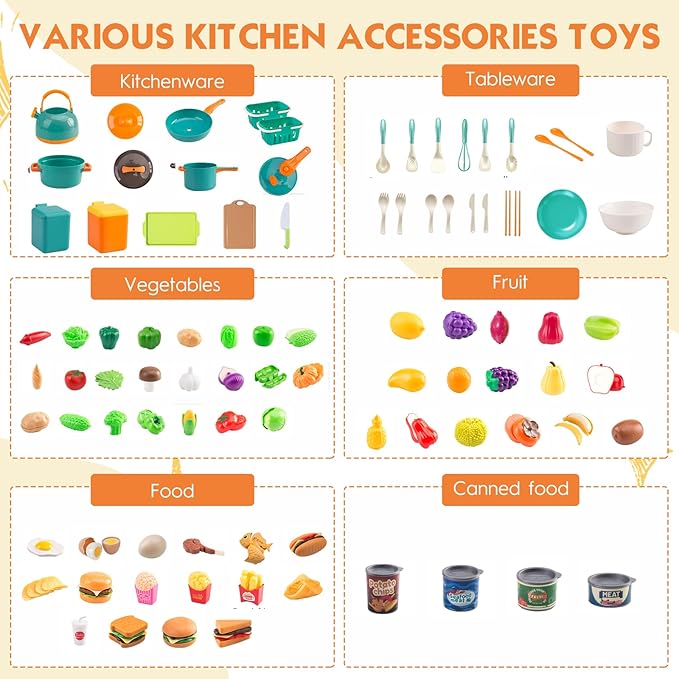 200Pcs Mini Play Kitchen Accessories for Kids, Pretend Cooking Playset with Cookware, Tableware & 2 Fruit Sets, Learning Gift for Girls, Boys, Toddlers, Green