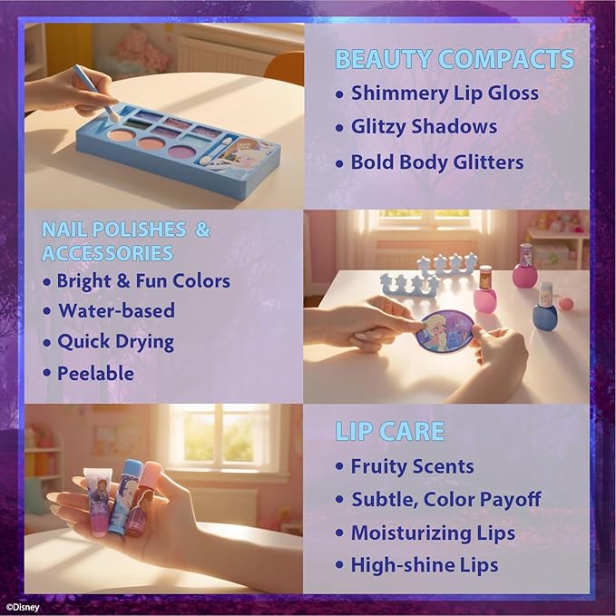 Disney Frozen Train Case Beauty Set, Kids Makeup Kit for Girls, Real Washable Makeup Set, Play Makeup, Party Favor, Birthday, Ages 3 4 5 6 7 8 9 10 11 12 by Townley Girl