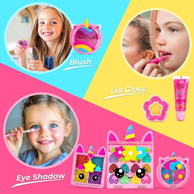 ULOVEME Kids Real Makeup Kit for Little Girls - Real, Non Toxic, Washable Make Up Toy - Umicorn Toys Gift for 3 4 5 6 7 8 9 10 12 Years Old Girls Birthday (Heart Shaped Purse+Jewelry Set)