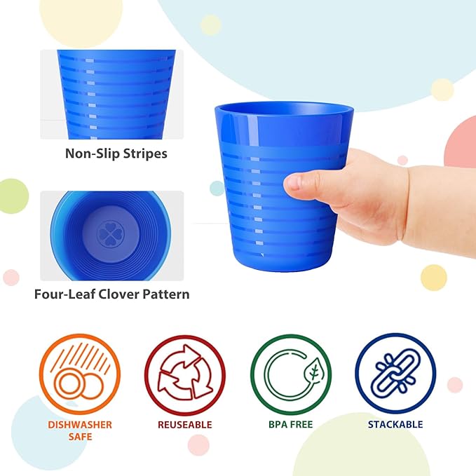 Set of 12 Kids Plastic Cups- 8 oz Children Drinking Cups Reusable Unbreakable Plastic Stackable Water Tumblers for Kids & Toddlers Bright Colored- Dishwasher and Microwave Safe