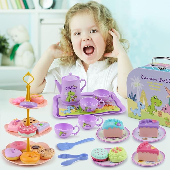 Motiloo 41 Pcs Dinosaurs Kids Tea Party Set with Carrying Case & Sweet Treats Playset - Pretend Toy Tin Tea Set for Little Girls - Princess Tea Time Pretend Play Tea Set Toys