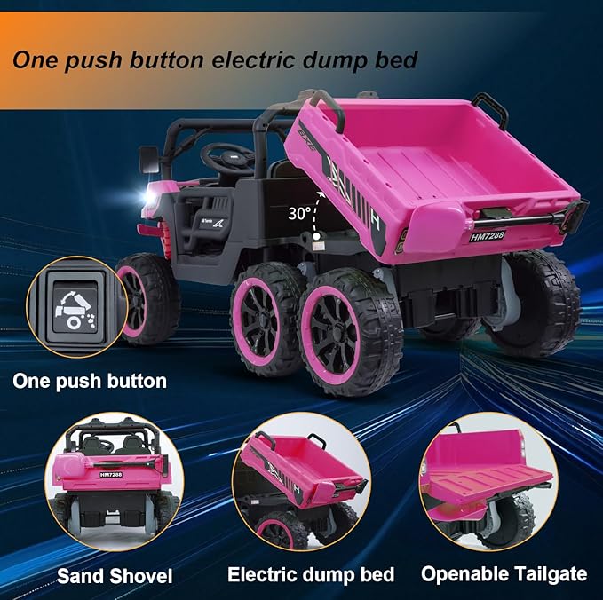 24V UTV 2 Seater Dump Truck with Remote Control, Electric Dump Bed, 4WD Power Ride on Truck Cars 6x6 Wheels, Music, Storage Trunk, Shovel for Kids-Pink