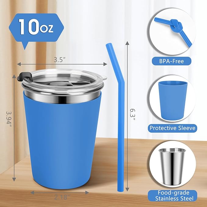 Kids Cups with Straws and Lids Leak Proof, 5 Pack 10oz Sippy Cups With Straws Spill Proof Cup for Toddlers, Stainless Steel Sippy Cup with Lid for Hot & Cold Drinks, Straw Cup for School, Outdoor