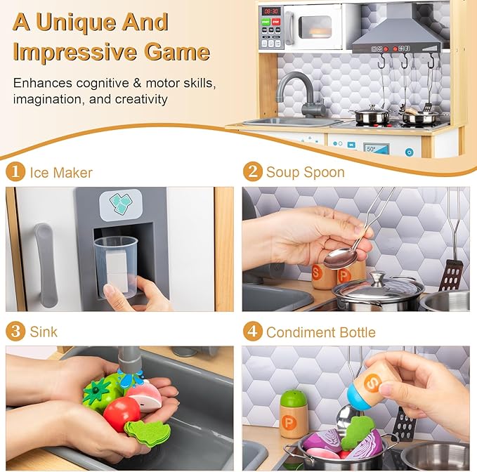 Play Kitchen for Kids Toddlers, Toy Kitchen Playset with Real Lights & Sounds, Wooden Play Kitchen with Cooking Set, Ice Maker, Microwave, Oven for Girls Boys Ages 3+
