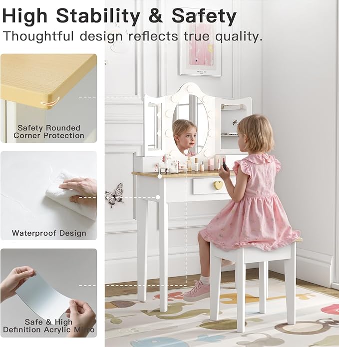 labebe Kids Vanity, Girls Vanity Desk with LED Changing Lights, Pretend Play Princess Vanity Set, Wooden Toddler Makeup Desk Dressing Table with Drawer and Chair (White)