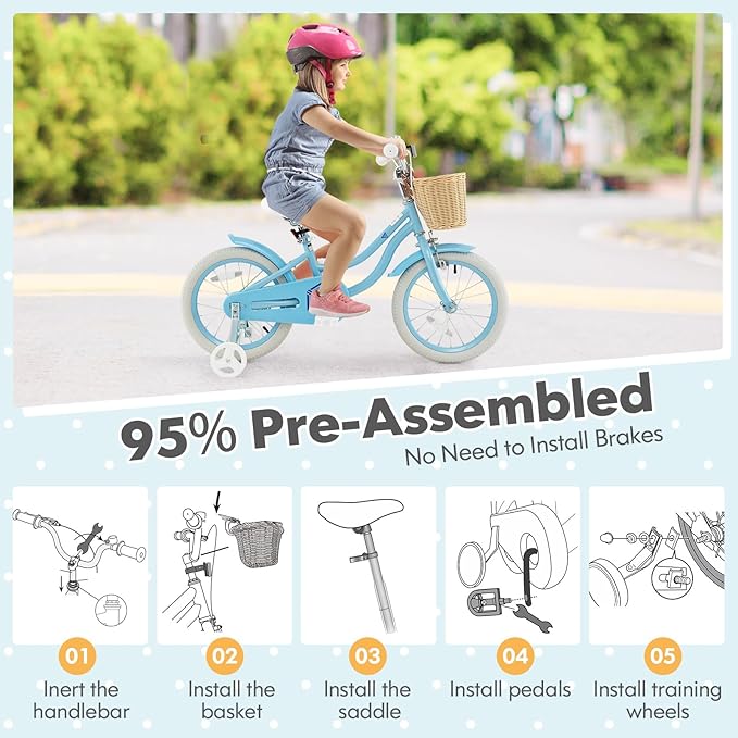 COSTWAY Kids Bike, 14 16 18 Inch Toddler Bike with Training Wheels, Basket, Adjustable Seat & Handlebar, Hand & Coaster Brakes, Bell, for Girl Boy Aged 3-8 Years Old