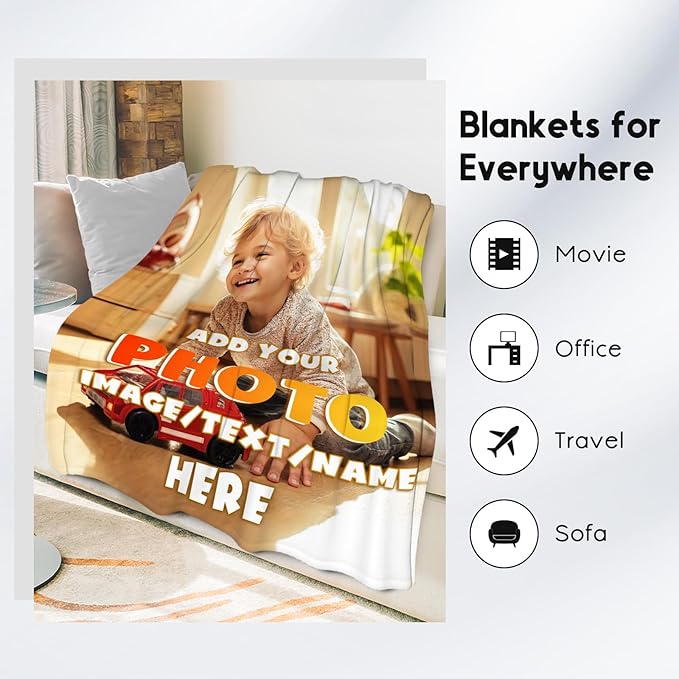 Custom Blanket Gifts with Picture, Personalized Blankets for Kids, Customized Gifts with Photo Text, Warm Flannel Throw for Boys Girls, 40"x50"