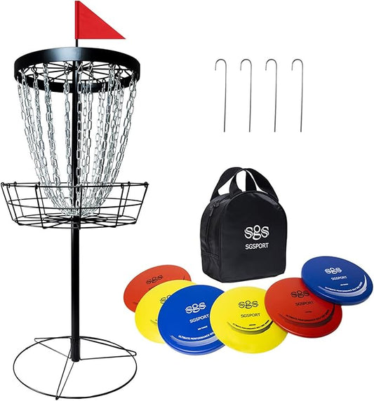 Disc Golf Basket - Portable Disc Golf Target with Heavy Duty 24-Chains Come with 6pcs Disc Golf Discs and Carry Bag, Ground Stake -Suitable for Players of All Levels - Multi Color Available
