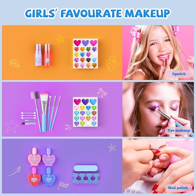 Kids Makeup Sets for Girls, 66pcs Real Cosmetic for Kids Toys with Mirror, Princess Washable Girls Makeup Kit, Non-Toxic & Safe Brithday Gifts for 3 4 5 6 7 8 10 - 12 Years Old（Blue）