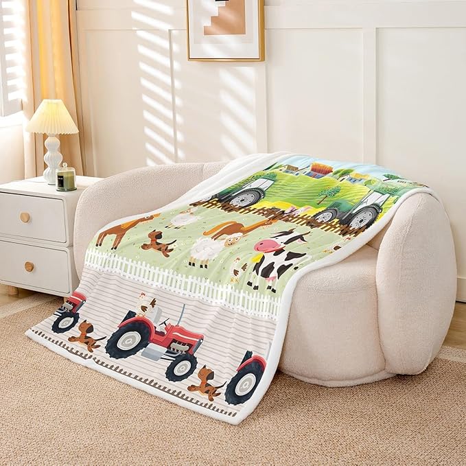 Kids Cartoon Farm Animals Sherpa Blanket Toddler Cute Tractors Fleece Throw Blanket Child Farmhouse Country Plush Blanket Colorful Room Decor Nature Fuzzy Blanket for Sofa Bed Couch, Throw 50x60 Inch