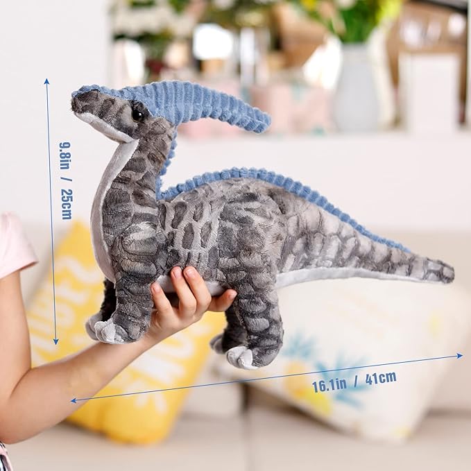 Dinosaur Plush Toy, 16" Parasaurolophus Stuffed Animal Throw Plushie Pillow Doll, Soft Grey Fluffy Friend Hugging Cushion - Present for Every Age & Occasion