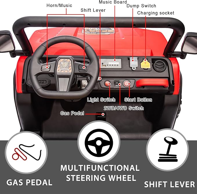 POSTACK 24V 2 Seats Side by Side Ride On Dump Truck 4x4 Kids UTV for Toddlers Ride On Toy Car with Remote Control Electric Car with Rubber-Plastic Polymerized EVA Tire, Electric Dump Bed, Music, Red