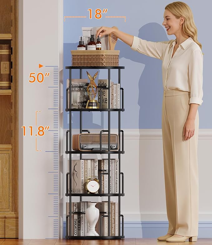 4 Tier Rotating Bookshelf Tower Round Black,50” Floor Standing Spinning Bookshelf Tower Anti-Tipping Design,Metal & Wood Revolving Bookcase Stackable Space Saving for Small Spaces,Study,Living Room