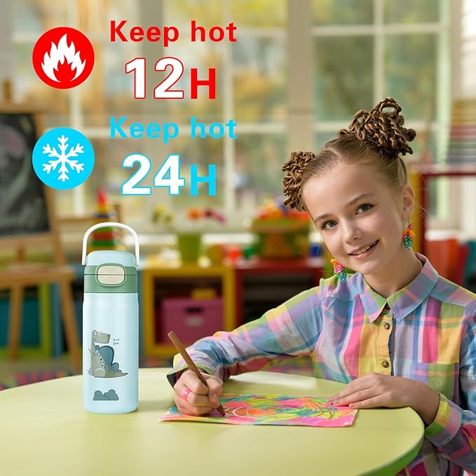 Water Bottle for Kids，Insulated Bottle with Straw, Vacuum Insulated Water Bottle for Boys&Girls, Leak-proof Insulated Tumbler（Green, Dinosaur ）