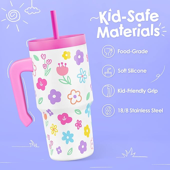 Floral Tumbler 20oz with Handle and Silicone Straw Lid for Kid, Insulated Stainless Steel Cup, Gift for Kids Girls, Gifts Idea for Birthday Christmas Back to School