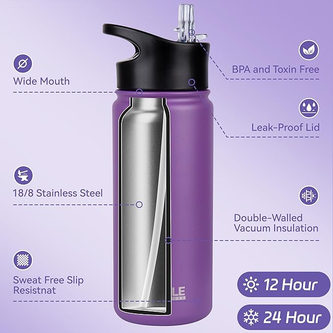 HASLE OUTFITTERS Insulated Water Bottle Kids 16 oz Double Wall Vacuum Stainless Steel Water Bottle Leak Proof for School Wide Mouth with Straw Lid & Spout Lid Keeps Cold and Hot(Purple,8pack)