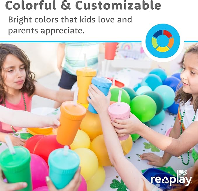 Re-Play 10 oz. Straw Cups for Kids with Silicone Locking Straws - Dishwasher & Microwave Safe - Made in USA - Set of 4-7.37" x 7.37" x 1.25" - Bubble Pop