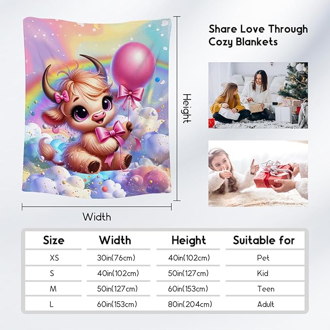 Girls Blankets - Highland Cow Blanket Gifts - 60x80 Inches Cozy Soft Flannel Throw for Couch, Office Bed