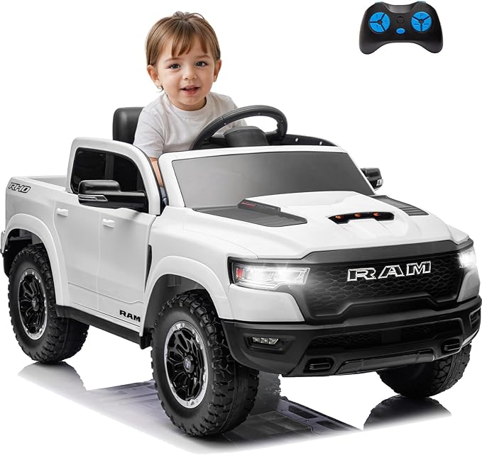 Ram 1500 Ride on Toys for Kids 4-8, Ride on Pickup Truck for Toddlers with Remote Control,12V Battery Powered Car with Trunk, Bluetooth, Music, Safety Belt (White)