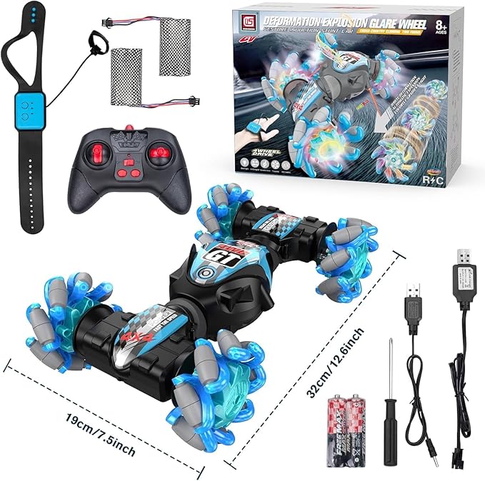 1:12 Gesture Sensing RC Stunt Car, 2-in-1 Hand Controlled Remote Control Twist Cars with Light & Music, 4WD 360° Rotate Transform Drift, Gifts for 6-8-12 Kids Age 6 7 8 9 10 11 12 Yrs Old‌(Blue)