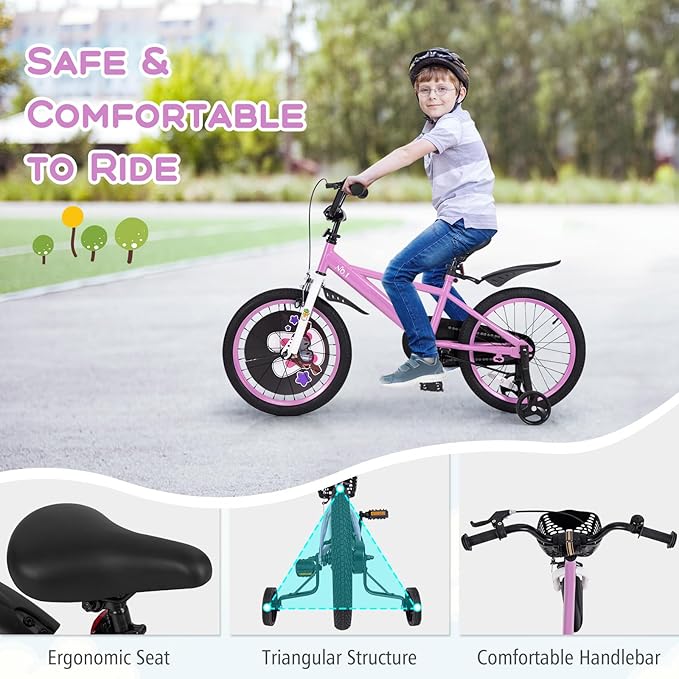 BABY JOY Rabbit Pilot Sporty Kids Bike, 12 14 16 18 Inch Child Bike for 3-8 Years Old with Adjustable Height, Training Wheels, Storage Basket, Handbrake & Coaster Brake, Kids Bicycle for Girls Boys