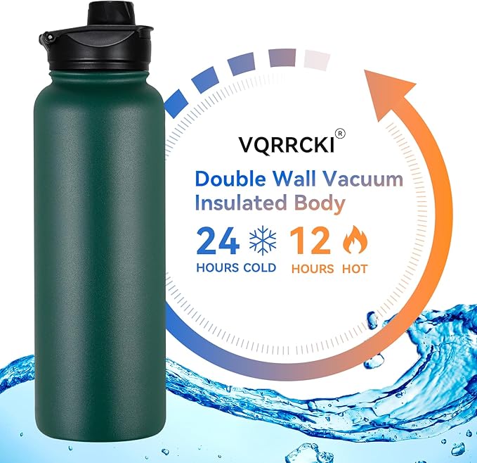 40 oz Insulated Water Bottle with Straw, Stainless Steel Sports Water Bottles with 2 Lids (Straw and Wide Mouth lid), Double Wall Vacuum, Leakproof, BPA-Free, Dark Green