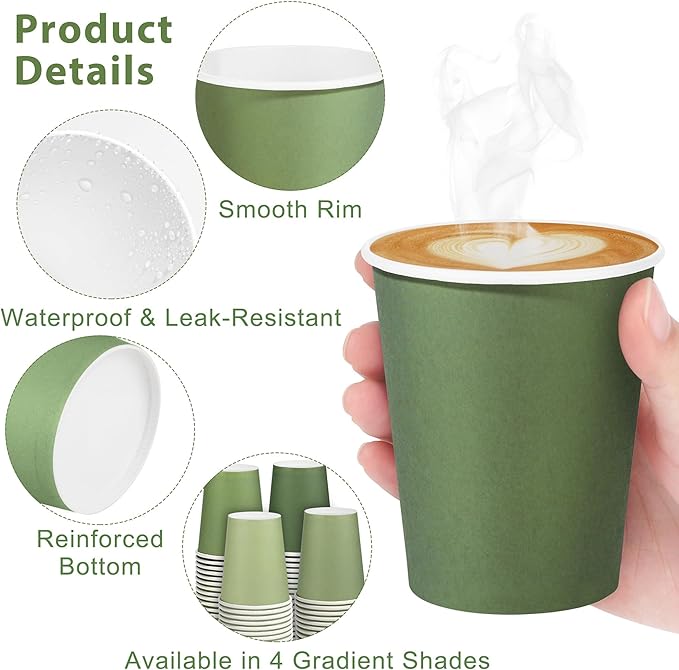 144 Pieces Sage Green Paper Cups 9 Oz Disposable Coffee Paper Cups Gradient Green Party Cup Beverage Drinking Cup for Wedding, Birthday, Holiday Party, DIY, and Picnic