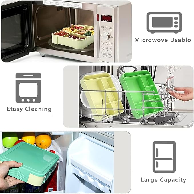 Bento Box for Kids Lunch Box Set with Reusable Kids Pouches Lunch bag Cute Toddler boys Lunch Cooler Organizer Lunch Tote (Green Dinosaur blunch bag+lunch box)