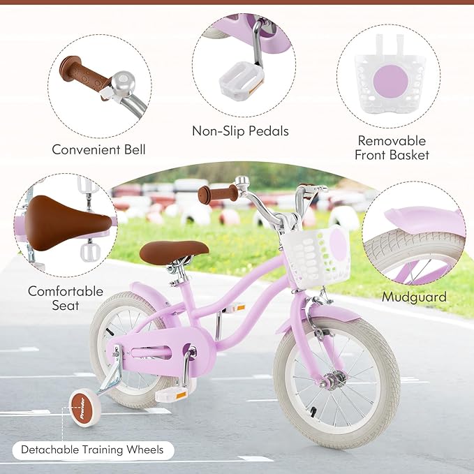 COSTWAY Kids Bike, 12 14 16 18 Inch Toddler Bike Children Bicycle w/Training Wheels, Hand & Coaster Brakes, Adjustable Saddle & Handlebar, Basket, Bell, Kids Bicycle for Girls Boys Aged 3-8 Years Old