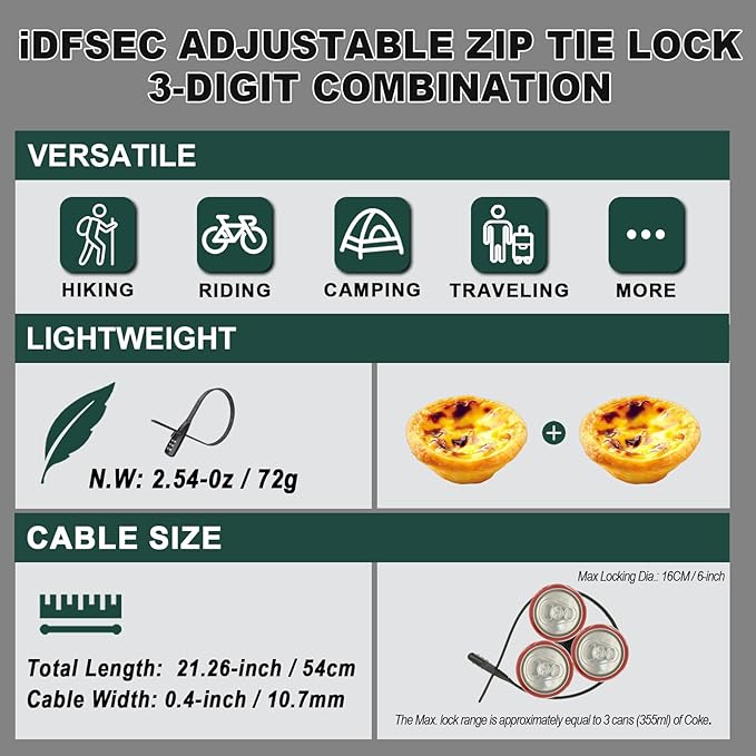 Zip Tie Lock, Adjustable Cable Tie with Stainless Steel Core - Multi-Purpose Cable Lock for Securing Helmets, Bicycles, Skis, Scooters, Café, Gate Door (2/Pack, Black)