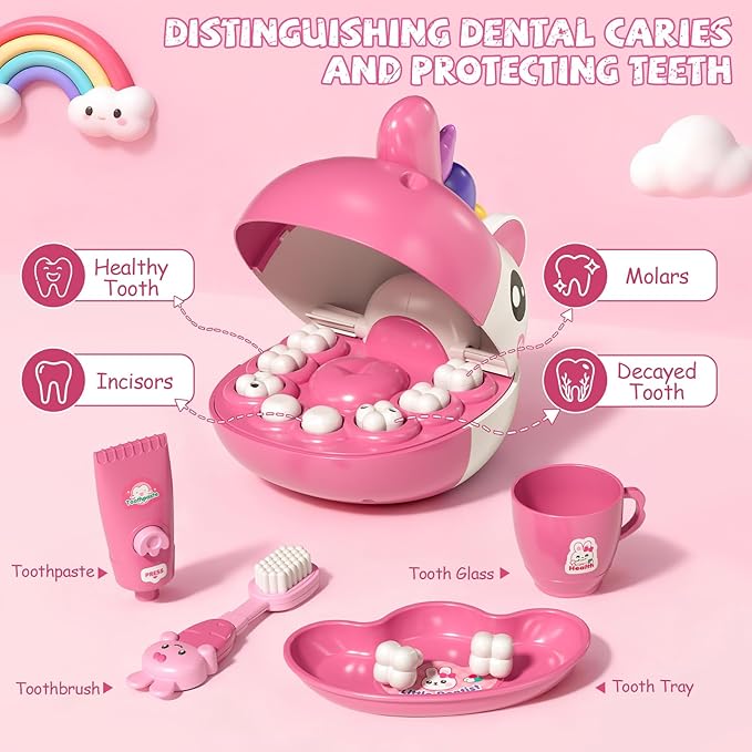 34 PCS Dentist Play Set Toys for Girls, Doctor Kit for Kids Toddlers Ages 2-4 3-5, Pretend Play Toy for Girl Age 4-6, Dentist Toy with Light & Sound, Birthday Gifts for 3 4 5 6 7 8 Year Old Girls